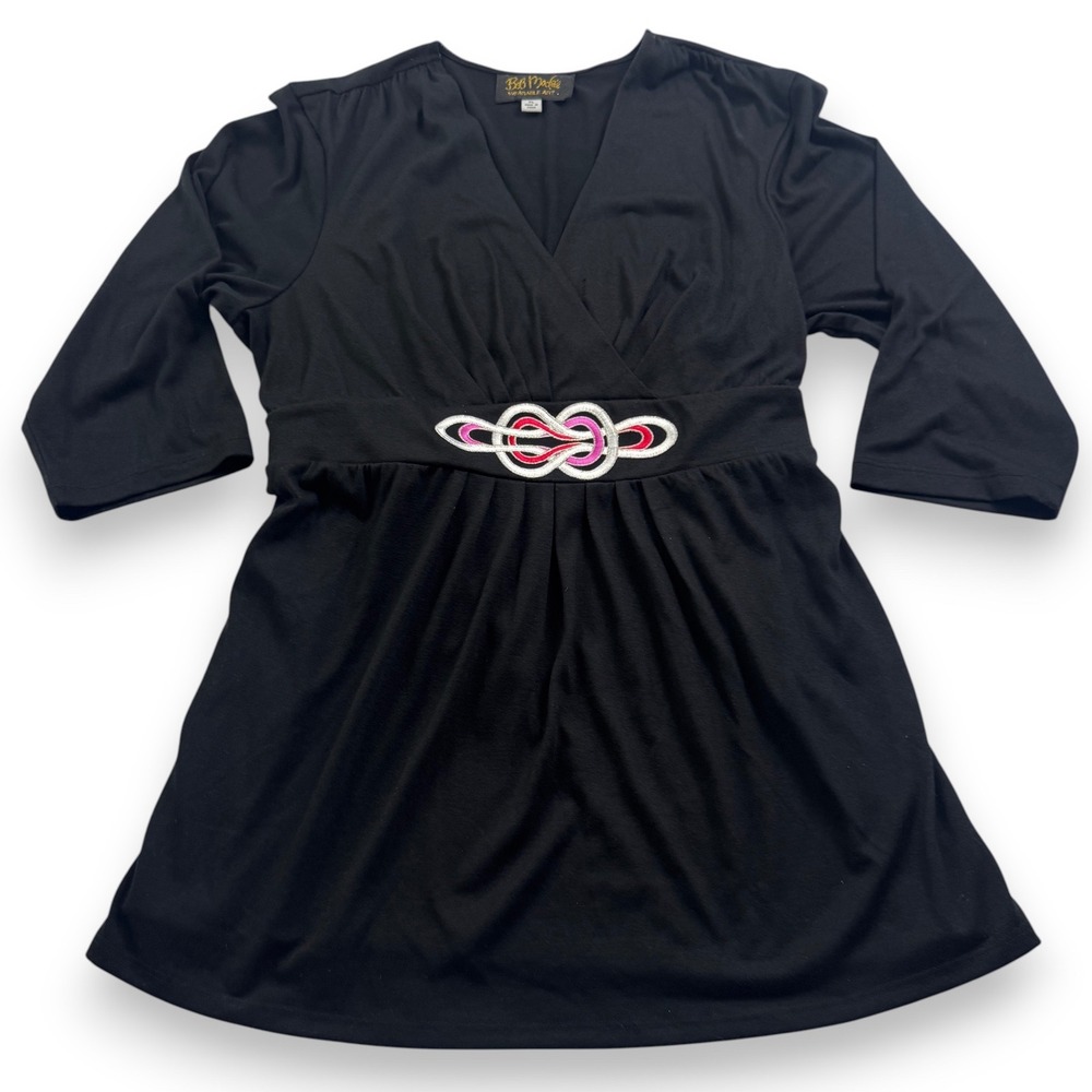 Bob Mackie Wearable Art Black V-Neck Tunic Top XL Embroidered Knot A88915